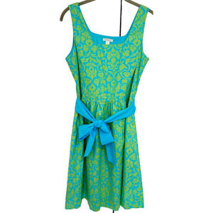Garnet Hill Cotton Dress Size 8 Green Blue Boho Preppy Print Sleeveless Tie Belt